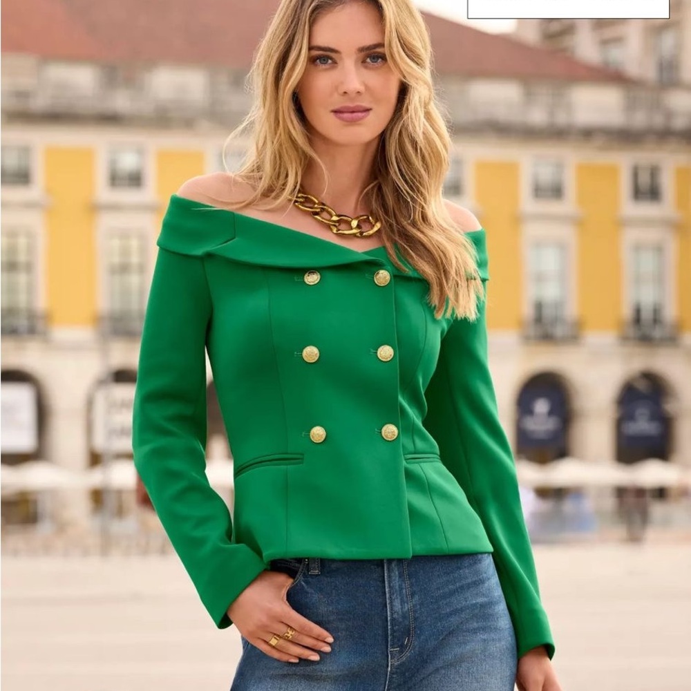 Boston Proper Emerald Off-Shoulder Blazer with Silver Buttons